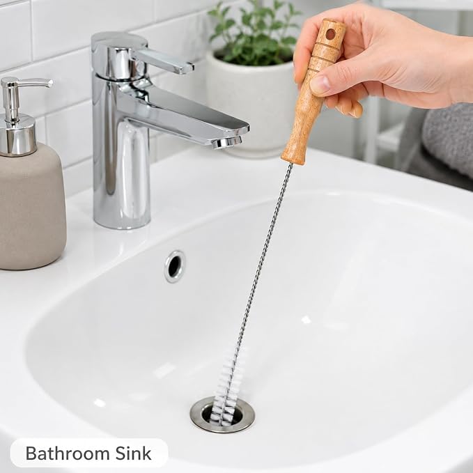 2 Pack Drain Cleaning Brush, 28 Inch Flexible Drain Cleaner Tool with Wooden Handle, Sink Brush with Nylon Bristles for Hair Clogs, Shower, Bathroom Tub, Kitchen Sink, Overflow Hole