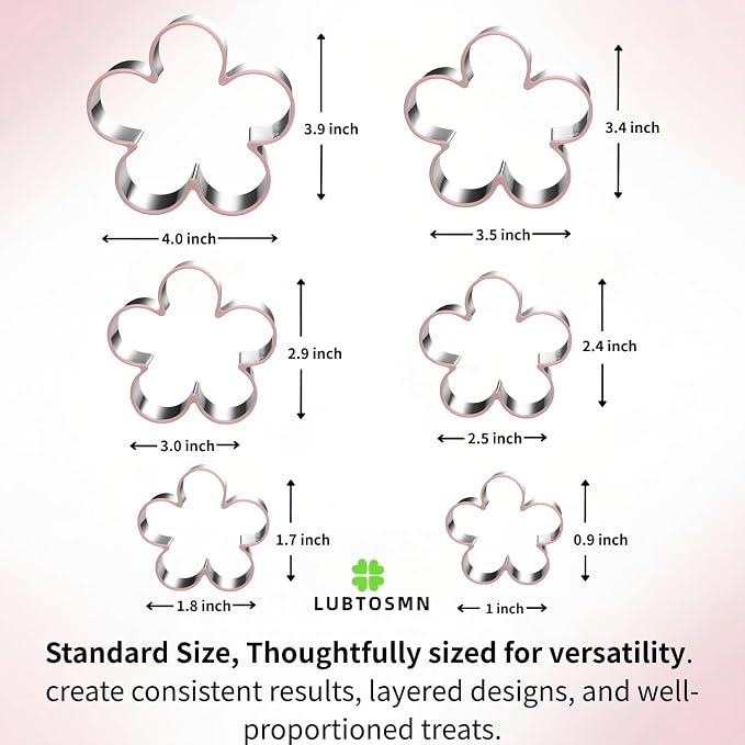 LUBTOSMN 6 Piece Flower Cookie Cutters Set, Silicone Rim Baking Set | Dishwasher-safe stainless steel cutters from 1" to 4" for cookies, fondant, sandwiches, party treats and family baking