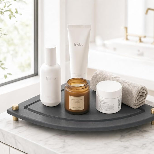 Corner Counter Shelf, Water Absorbing Stone Drying Tray Mat for Kitchen & Bathroom Sink, Diatomaceous Gold Faucet Coaster Soap Dish Rack Riser Dispenser Sponge Holder, Dark Gray, 8.5" x 8.5"