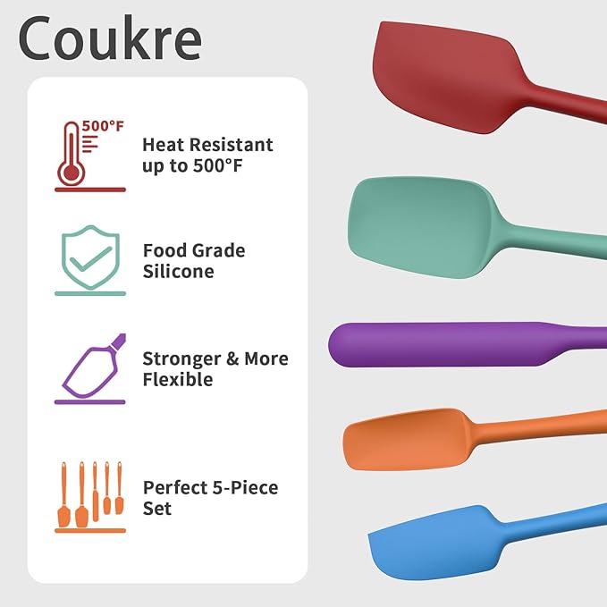 Coukre Silicone Spatula Set of 5,High Heat Resistant, Food Grade Silicone, Upgraded Extended Reinforced Handle,Dishwasher Safe, for Baking, Cooking (Pure Colorful B, Solid color)