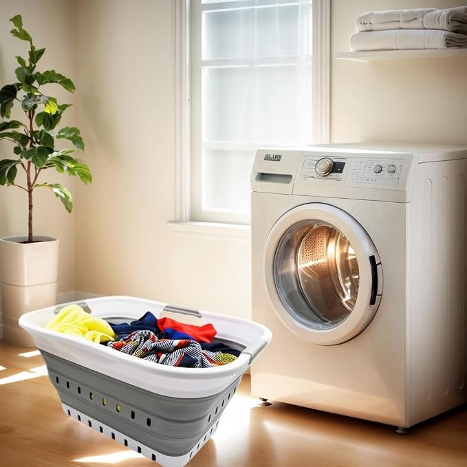 SAMMART 30L (8 gallon) Collapsible 3 Handled Plastic Laundry Basket - Foldable Pop Up Storage Container/Organizer - Space Saving Hamper/Basket (White/Grey)