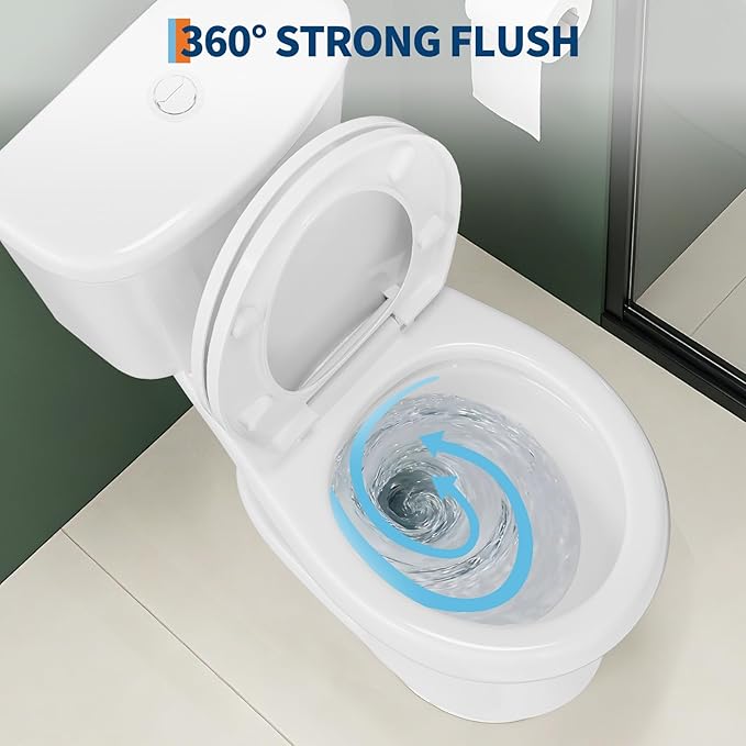Two Piece Toilet, 17" Round with Upgraded Flushing, Dual Flush Buttons (Top Mounted), Includes Soft-Close Seat & Hardware, White, 12" Rough-in