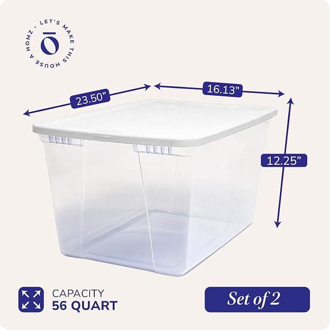 HOMZ Snaplock Clear Plastic Bin 56 Quart/14 Gallon | Storage Tote with Secure Lid | for Home, Office, Garage, Dorm Room Organizer | Stackable & Nestable | White Lid, Pack of 2