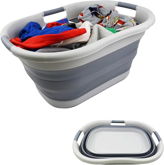 SAMMART 40L (10.5 gallon) Collapsible Plastic Laundry Basket - Foldable Pop Up Storage Container/Organizer - Portable Washing Tub - Space Saving Hamper/Basket (1, Grey/Dark Grey)