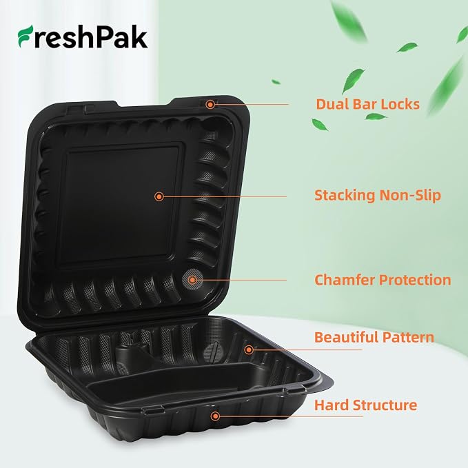 55-Pack 34oz 8x8 Black To Go Boxes - Shrink Wrapped Ready To Use | 3-Compartment MFPP Clamshell Container | Heavy Duty BPA Free, Microwave Safe | Takeout Box for Meal Prep, Leftover & Party