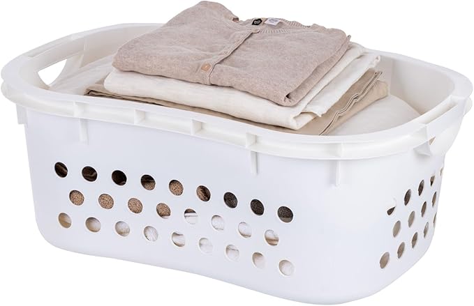 IRIS USA Plastic Laundry Basket 1.5 Bushel (50L), Built-In Handles, White | Clothes Hamper with Ventilation Holes, Reinforced Rim, Hip Hold Design, Large capacity