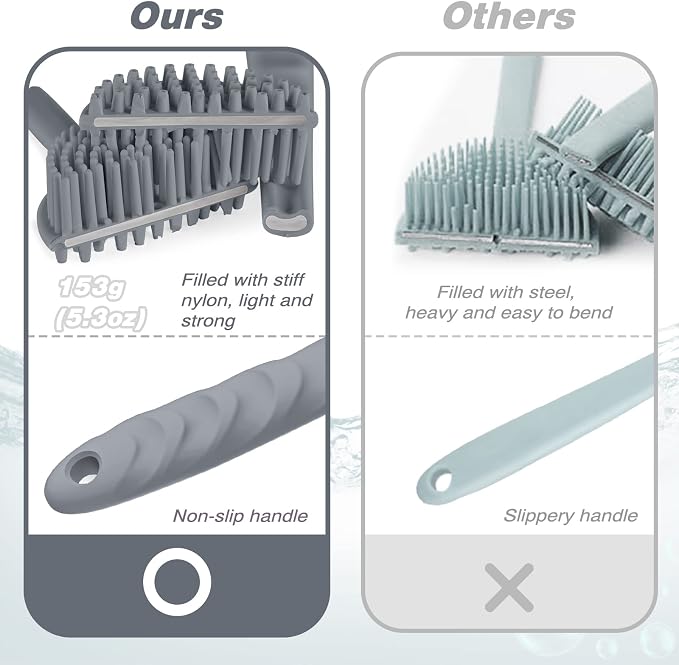 Manmihealth Silicone Back Scrubber(Thick Bristles) & Soft Bath Glove Set, Super-Exfoliating Body Scrubber & Super-Lathering Shower Brush Combination, with a Free Hook.(Gray)