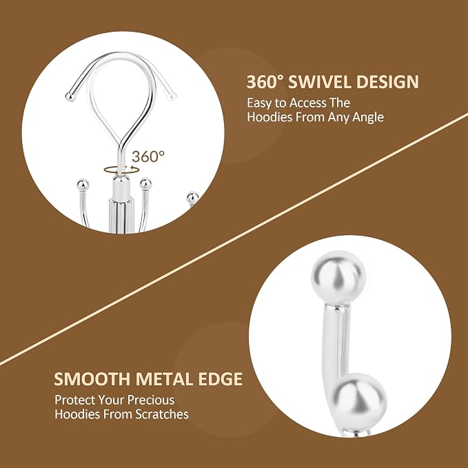 ZEDODIER Hoodie Hangers, 2 Pack Rotatable Hoodie Organzier for Closet, Max 16 Storage Capacity Hoodies Holder, Metal Space Saving Closet Organizers and Storage, Silver