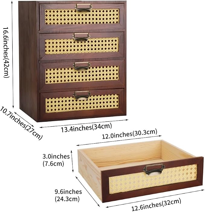 GoooodGIFT Wooden Drawers Large Wooden Box with Drawer, Brown | 4 Drawer Wood Storage Box , Vintage Desktop Organizer with Drawers, Desk Organizers for Library Card Catalog Cabinet