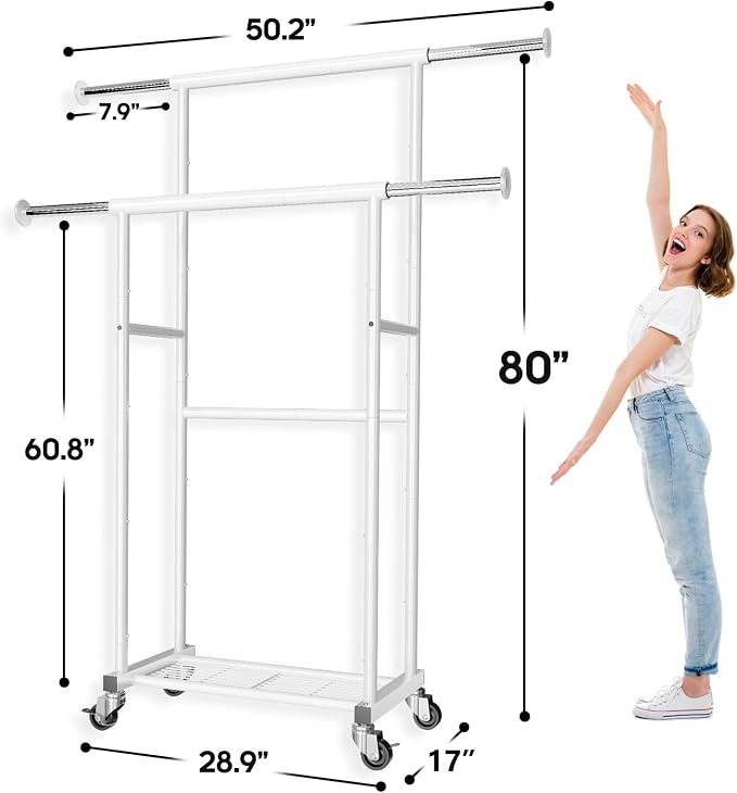 SUFAUY Commercial 80" H Clothes Rack for Hanging Dresses, Extend 50“L Double Rolling Garment Rack on Lockable wheels with Adjustable Rod and Storage Shelves, Load 350 LBS, White