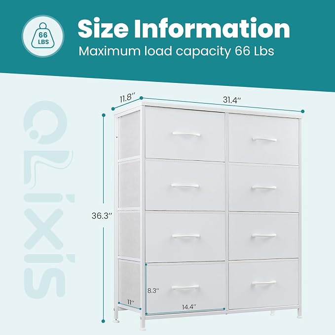 OLIXIS Dresser for Bedroom, 8 Storage Drawers, Tall Fabric Tower Organizer | Large Dresser for Closet, Chest of Drawers with Metal Frame Wooden Top for Nursery, Living Room, Entryway, White