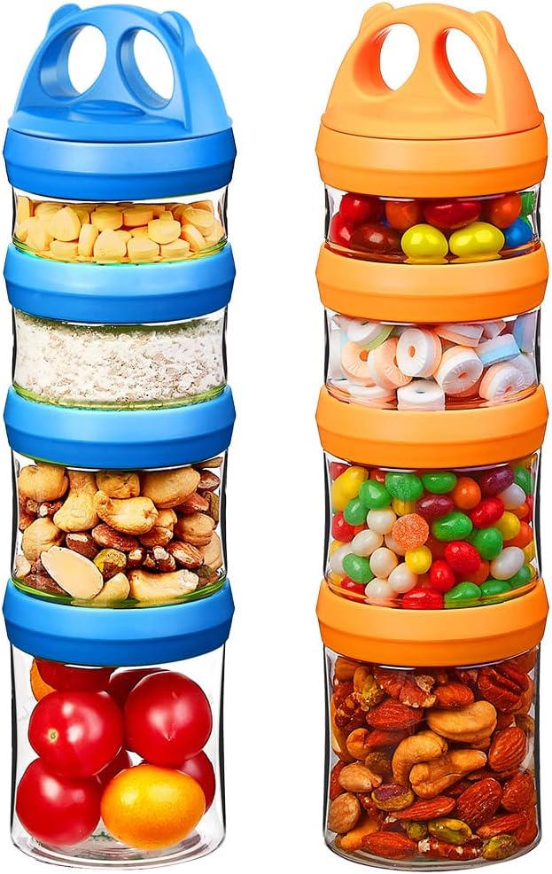 SELEWARE Stackable Snack Containers for Kids Toddlers Adults, Blue & Orange | Portable Food Storage Containers for Snacks Formula Powder Drinks and Travel, Twist Lock System Airtight Leak-proof BPA Free