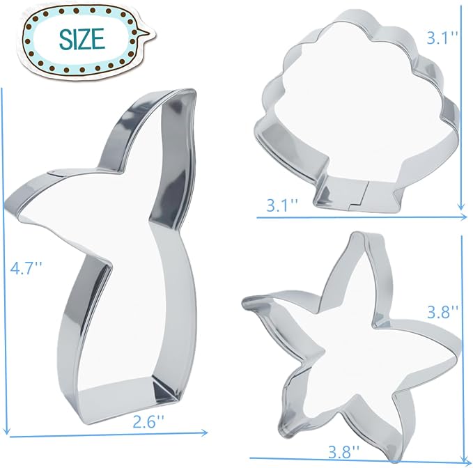 Mermaid Cookie Cutters,Mermaid tail, Starfish, Seashell-Stainless Steel Holiday Cookie Cutters Shapes for Baking Gift