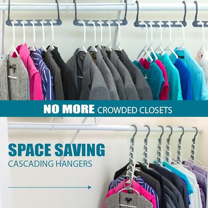 Max 10-Pack Space-Saving Cascading Hangers, 360° Swivel Hooks, Grey | Maximize closet space with 10 assembled cascading hangers and reinforced 360° swivel hooks—ideal for dorms and storage.