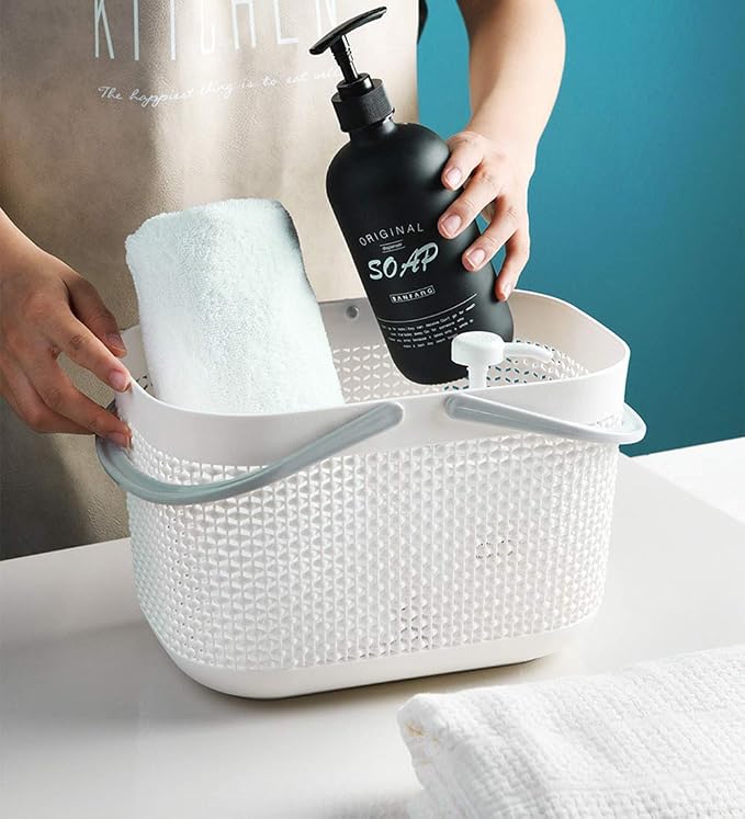 Plastic Protable Shower Caddy Basket, Storage Organizer, White, 2 Pack | Bottom Drain Holes, Keep Dry, Sturdy and Durable, Easy to Carry for Bathroom, Kitchen, Dorm Room, RV, College