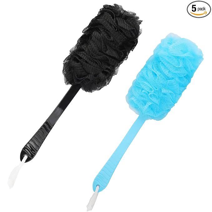Back Scrubber Brush Long Handle for Shower, Loofah On a Stick Sponge Back Brush, Body Exfoliator Scrubber Bath Brush for Men Women, Exfoliating Cleaning Back Scrubber (2 Pack-Black+Blue)