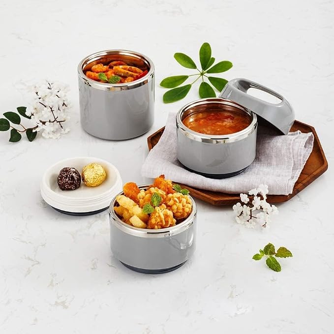 Lille Home Stackable Stainless Steel Thermal Compartment Lunch/Snack Box, 3-Tier Insulated Bento/Food Container with Lunch Bag, Utensils Set and Three Extra Seals, 43OZ (Gray with Utensils)