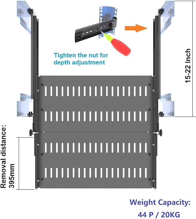 1U 19 inch Sliding 4-Post Vented Rack Mount Tray 14.6-22.3" D | Server Rack Shelf 16-20" Deep with Adjustable Mounting Deep 14.6"-22.3" for 19" Network Rack and Cabinet,Unassembled