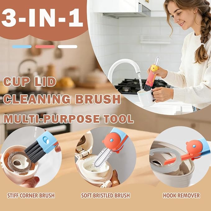 3 in 1 Cup Lid Cleaning Brush, Multifunctional Crevice Gap Cleaner for Tumbler Water Bottle Lid, Deep Clean Tool for Home Kitchen, Red Blue White（3 PCS）