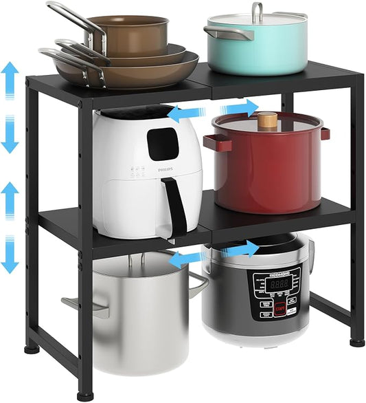 2-Tier Expandable Metal Storage Shelves,150LBS Heavy Duty Shelving Units and Storage For Small Appliance,Adjustable Pots and Pans Organizer Rack Shelf For Kitchen Under Cabinet Pantry Warehouse Garage