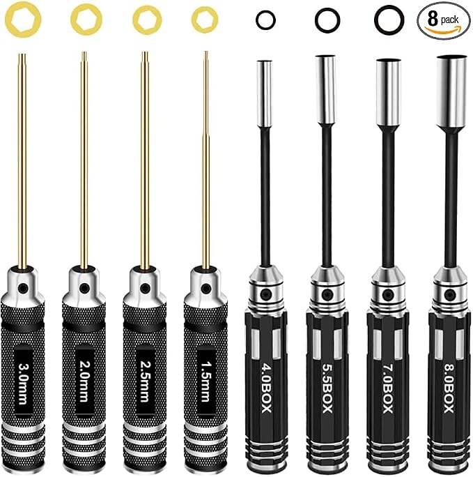 RC Hex Driver Set Tools Kit - 8pcs Titanium Allen Screwdriver 1.5mm-8.0mm for Car, Quadcopter, Drone, Boat