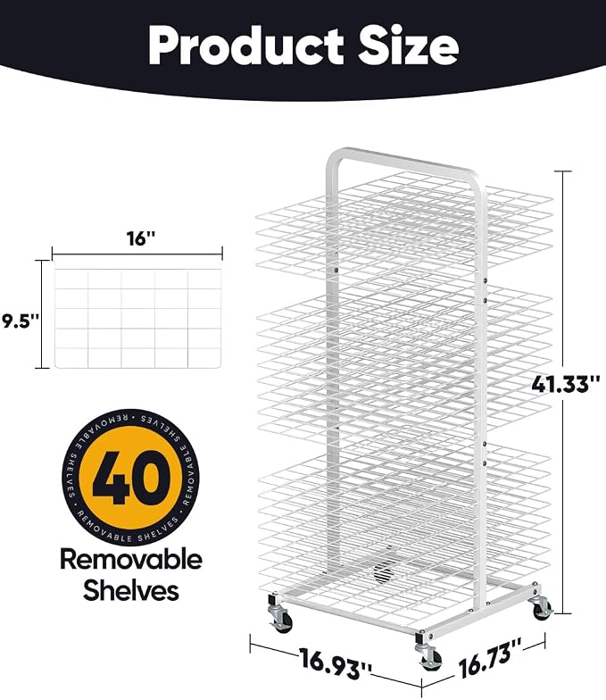 mocomax Art Drying Rack for Painting, Metal Paint Drying Stand, Movable Paint Drying Rack with Lockable Wheels, Art Canvas Storage Rack for Classrooms & Art Studios, 40 Removable Shelves, White