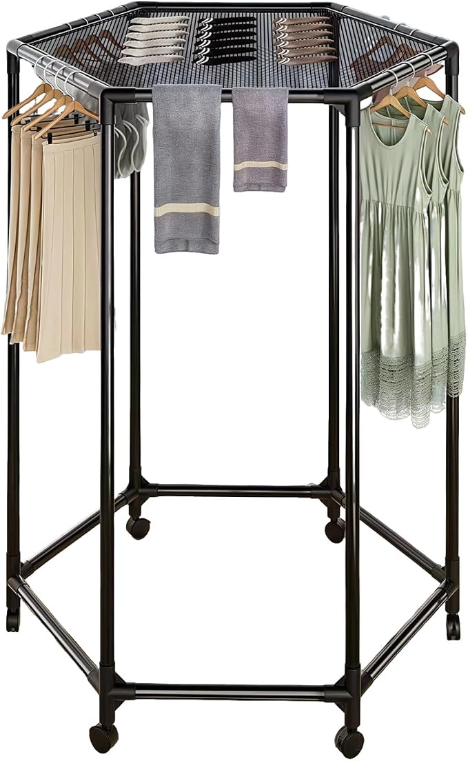 Clothes Rack with Wheels, Clothing Rack with drying mesh, Standing Garment Storage for Indoor, Hanging Rod for Bedroom Laundry Room, Coat Dress Organizer on Wheels (48.4" H)