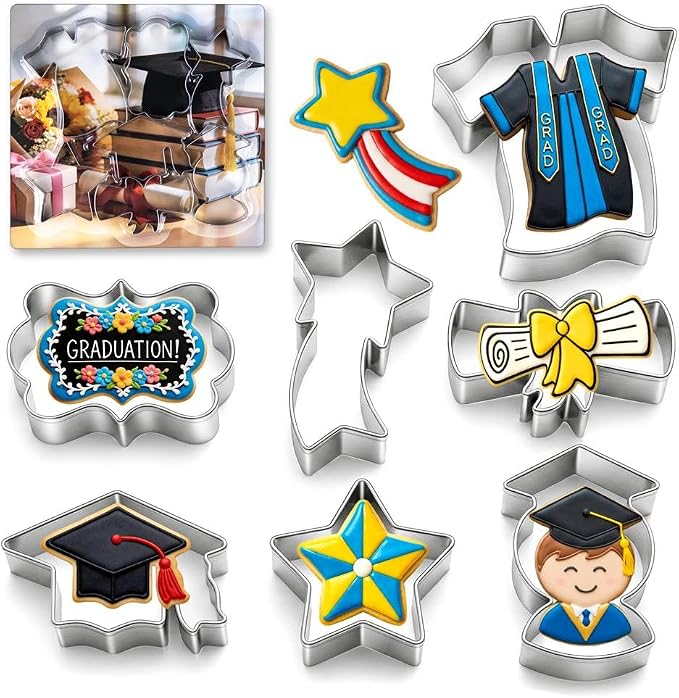 Graduation Cookie Cutters Set of 7, Stainless Steel, Cap Gown Diploma Graduate Star Shapes, for Graduation Celebration Party