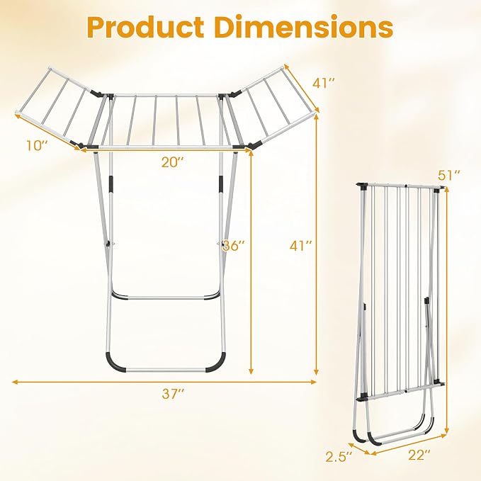 Giantex Foldable Clothes Drying Rack, Freestanding Aluminum Laundry Drying Rack with 2 Side Wings, Portable Space-Saving Clothing Airer for Indoor Outdoor Use