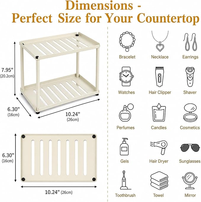 2 Tier Bathroom Counter Organizer, Rectangular Vanity Organizer Shelf, Skincare and Makeup Countertop Storage Rack for Kitchen, Bathroom, Bedroom,White