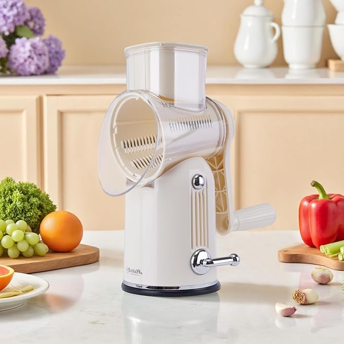 Rotary Cheese Grater with Handle – Includes 5 Stainless Blades and Feature Strong Suction Base – Easy to Clean, Cheese Shredder Hand Crank, Multi-Purpose Slicer (White)