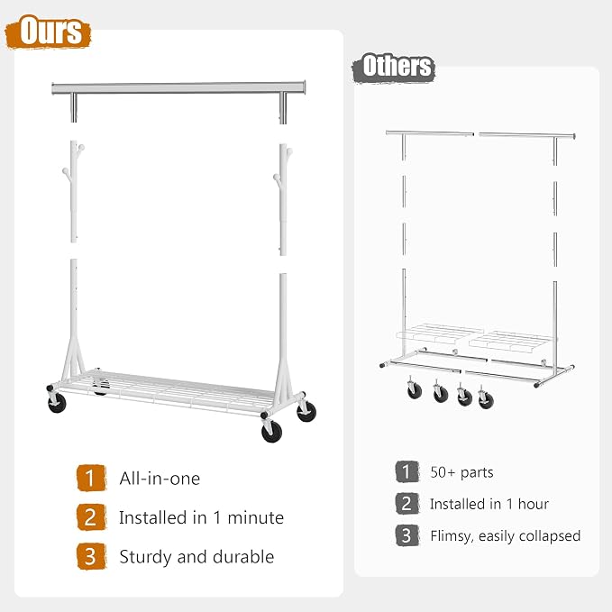 Gewudraw Clothes Rack Heavy Duty 530 LBS Capacity, Portable, Foldable,White | Rolling Clothing Rack With 4" Wheels,Shelf, Hooks, Adjustable, Collapsible, Garment Rack for Wardrobe,Bedroom, Laundry Room