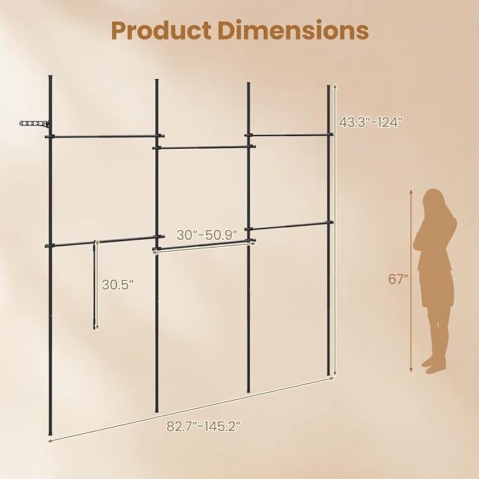 Giantex Floor to Ceiling Clothes Rack, Heavy Duty Garment Rack Adjustable | Tension Pole Closet System w/ Folding Drying Rack, Reacher Pole, Metal Garment Organizer for Bedroom, Laundry Room, Closet