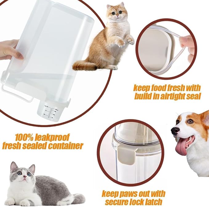 Dog Cat Food Storage Container, Pet Food Pourable Container Airtight with Large Spout & Cup, BPA-Free Plastic Food Dispenser for Pet Food, Bird Seed, Rice, Flour (White, 5L)