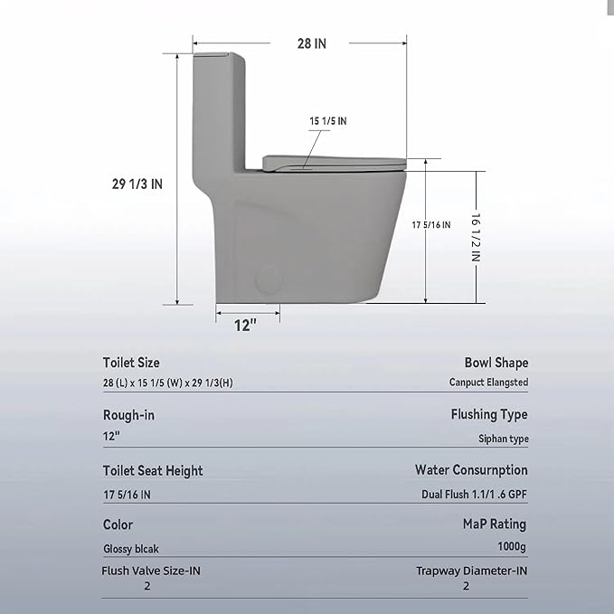 Dual Flush One Piece Toilets for Bathrooms, Compact Black Toilet Elongated with Soft Closing Seat, Modern 12 Inch Rough in Toilet, 1.6 GPF & Map 1000g, Comfort Height, Silent Design (Light Gray)