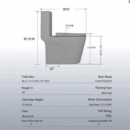 Dual Flush One Piece Toilets for Bathrooms, Compact Black Toilet Elongated with Soft Closing Seat, Modern 12 Inch Rough in Toilet, 1.6 GPF & Map 1000g, Comfort Height, Silent Design (Light Gray)