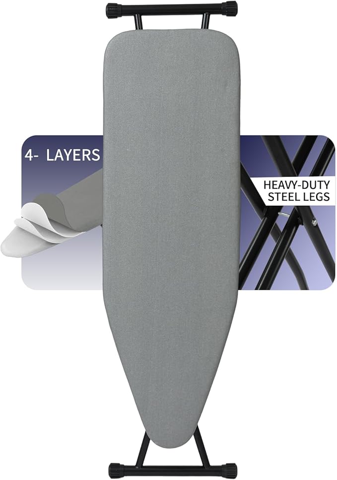 Ironing Board 48" X 15", Metal Construction Iron Board with Extra Thick Heavy Duty Padded Cover, Stable Structure, Height Adjustable, Anti-Skid Feet (Grey A)