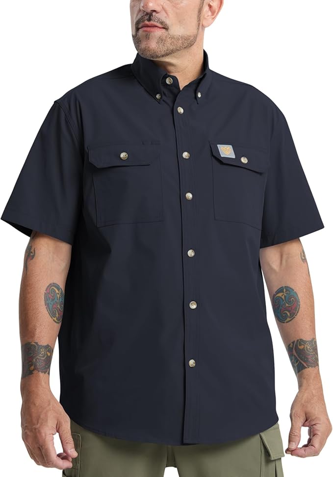 Mens Regular Fit Work Utility Shirt Midweight Short Sleeve Work Wear | Midweight stretch work shirt with reflective trim, 2 secure chest pockets, moisture-wicking comfort, easy-care fabric