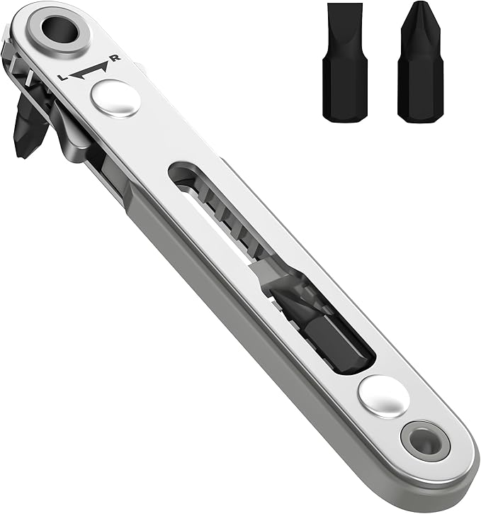 Bates- Mini Ratchet Wrench, 1/4" Magnetic 90 Degree Screwdriver, Gray, Low Profile Right Angle Screwdriver for Tight Spaces