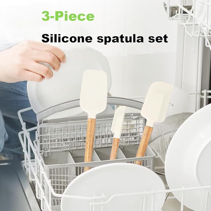 3-Piece Heat Resistant Silicone Spatula Set for Baking - Wooden Handle Spatula Baking Spatula, Non-Stick for Cooking, Mixing, Frosting & Jams (Beige)