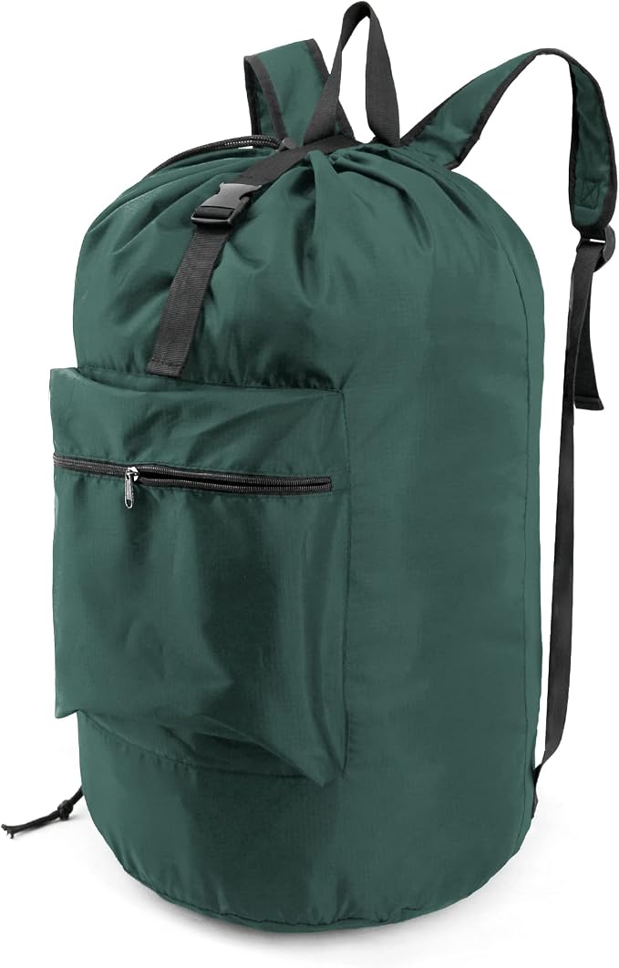 BeeGreen Laundry-Bag-Backpack-Heavy-Duty, Green Nylon Drawstring Portable Laundry Backpack Tall Foldable Extra Large Dirty Clothes Travel Bag with Handle College Dorm Apartment Essentials