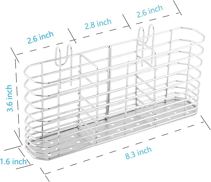 3-Compartment Utensil Holder, Drainage Basket for Kitchen | 304 Stainless Steel Hook Design Silverware Drying Rack with Three Dishwashing Sponges and a Dishcloth
