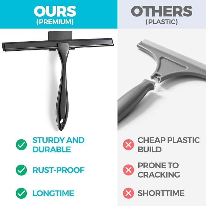 ALFLOD 2pcs Shower Squeegee for Glass Doors with Adhesive Hanging Hook Set | 12” black, bathroom accessories, window cleaner, new home essentials, soft rubber blade, metal handle, ergonomic grip