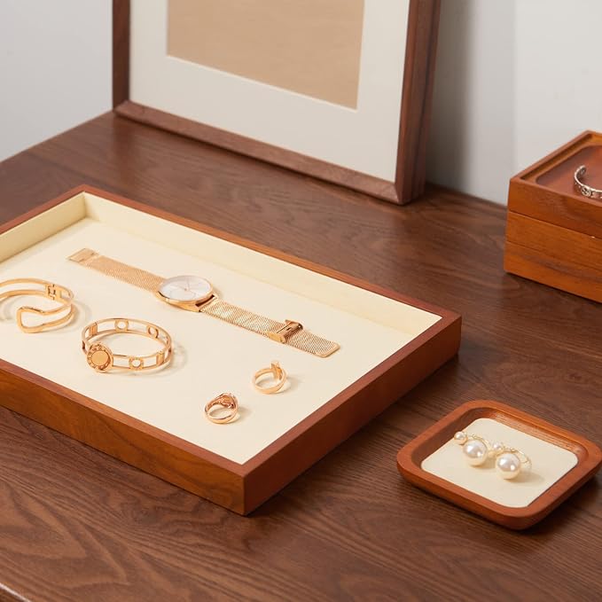 Oirlv Solid Wood Jewelry Tray,Jewelry Drawer Organizer,Watch Tray(Cream) | Stackable Design,For Necklaces Bracelets and Watches Organizing and Presentinge Legantly on Dressers&in Dresser&Vendors
