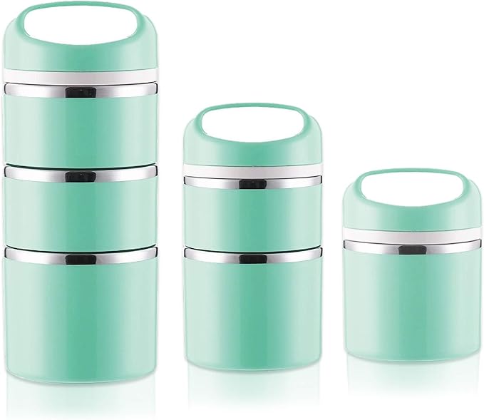 Lille Home Stackable Stainless Steel Thermal Compartment Lunch/Snack Box, 3-Tier Insulated Bento/Food Container with Lunch Bag, Utensils Set and Three Extra Seals, 43OZ (Green with Utensils)