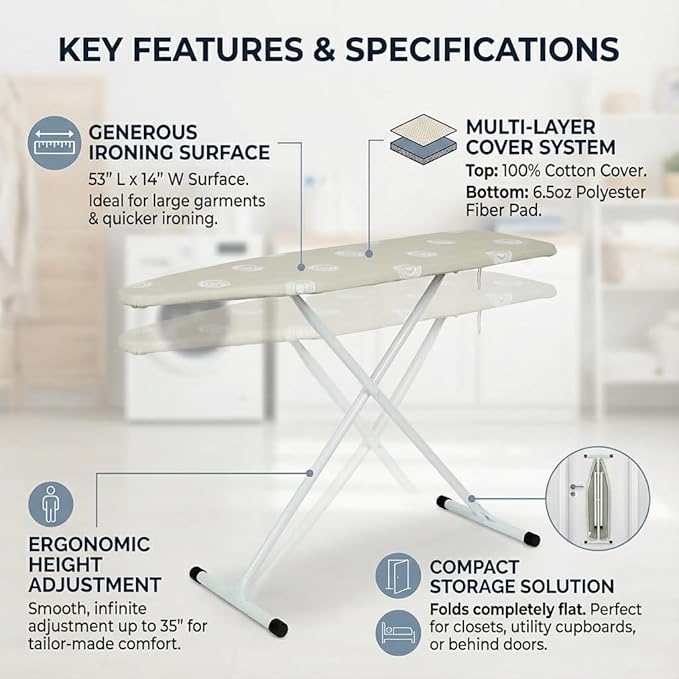 Ironing Board,T-Leg Ironing Board Full Size,53" x 14" Ironing Boards,Foldable with Cotton Pad Cover Home Use-Beige