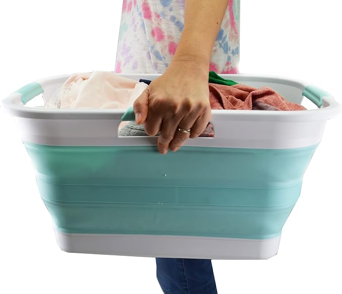 SAMMART 30L (8 gallon) Collapsible Plastic Laundry Basket - Foldable Pop Up Storage Container/Organizer - Portable Washing Tub - Water Capacity 24L(6.3 gallon) (1, White/Lake Green)