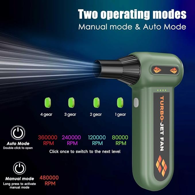 Compressed Air Duster 360000RPM Electric Air Duster Variable Speed 430G 4 Gear Adjustable Rechargeable Cordless Jet Dry Blower Turbo Fan Dryer Air Blower Mini Car Vacuum Cleaner Small Green