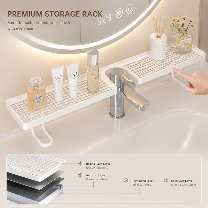 Bathroom Sink Shelf Over Faucet, Over Bathroom Sink Shelf Organizer, No-Drill Faucet Storage Rack, Behind Faucet Storage Shelf for Bathroom Counter Organization (White, L:23.6in)