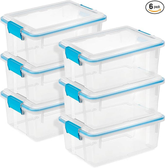 Sterilite Gasket Storage Box with Lids for Home & Office, 12 Quart, 6-Pack | Heavy-Duty, Stackable, and Organizing Containers for Bathroom, Cabinet, Closet, and Garage, Clear and Blue Aquarium Latches